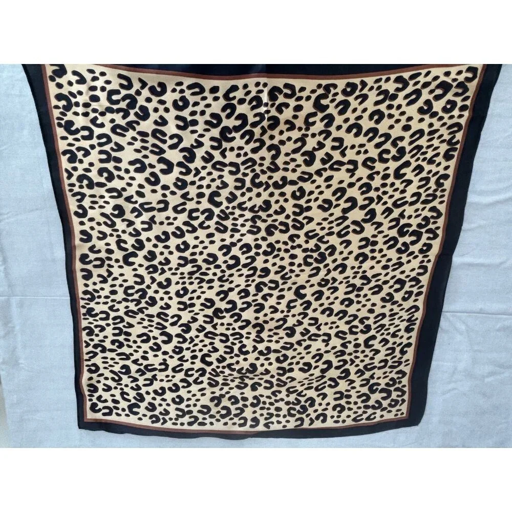 Elegant Leopard Print Design Scarf 26” Square Black & Brown Silky Smooth